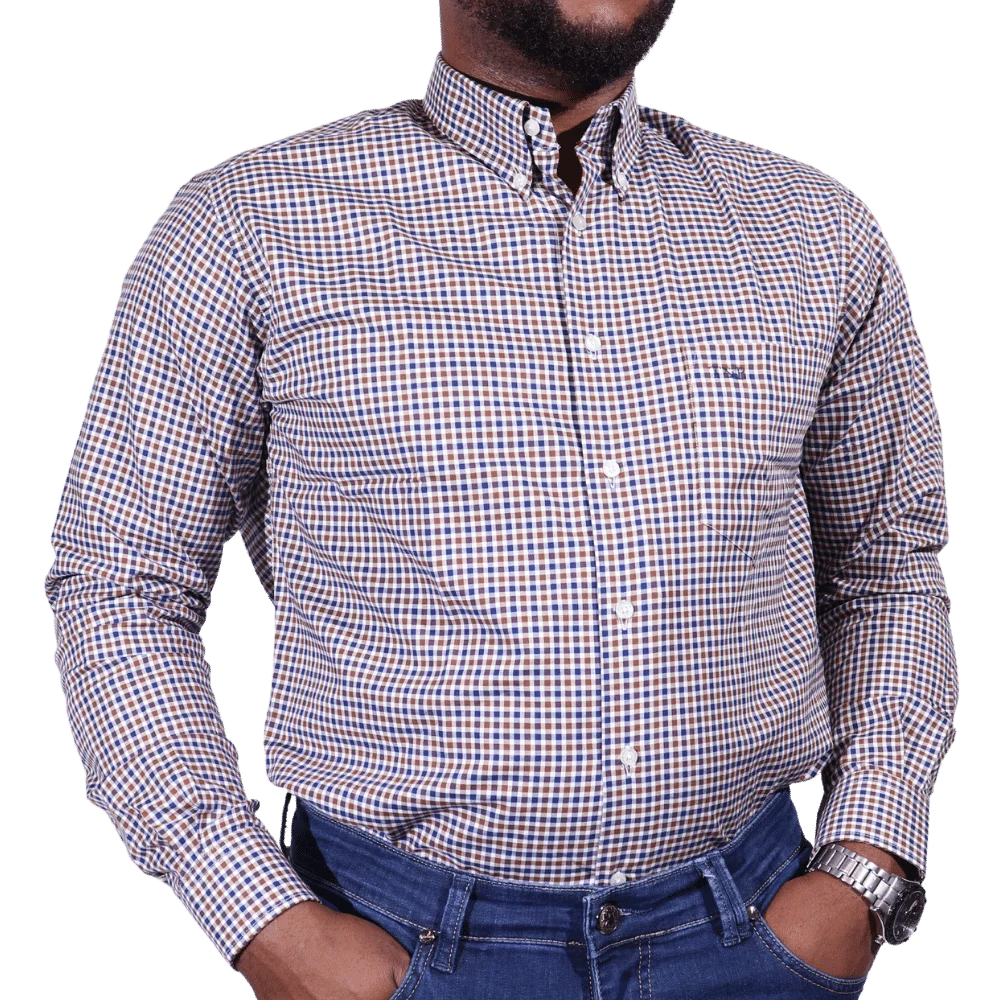 Men's 100% Cotton Thomas & Benno Checkered Long Sleeve Formal Shirt with Collar (121213) available in-store, 337 Monty Naicker Street, Durban CBD or online at Omar's Tailors & Outfitters online store. A men's fashion curation for South African men - established in 1911.