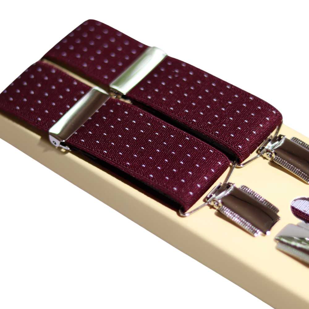 Shop premium 35mm 4-clip suspenders in Burgundy Polka Dot for a timeless, sophisticated look. Designed for comfort & durability, perfect for formal events, weddings, or everyday wear. Adjustable fit for all-day support. Shop in-store or online now!