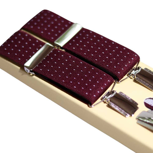 Shop premium 35mm 4-clip suspenders in Burgundy Polka Dot for a timeless, sophisticated look. Designed for comfort & durability, perfect for formal events, weddings, or everyday wear. Adjustable fit for all-day support. Shop in-store or online now!