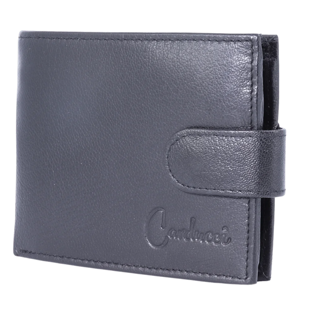 Men's Genuine Leather Carducci wallet in black with flip-style cardholder available in-store, 337 Monty Naicker Street, Durban CBD or online at Omar's Tailors & Outfitters online store. A men's fashion curation for South African men - established in 1911.