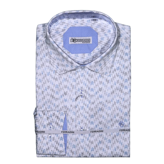 Shop the Men's Ferradini Long Sleeve Collared Shirt in Blue (23041), designed for premium style and comfort. Perfect for all occasions, available in-store at 337 Monty Naicker Street, Durban Central, or online at www.omarstailors.com.