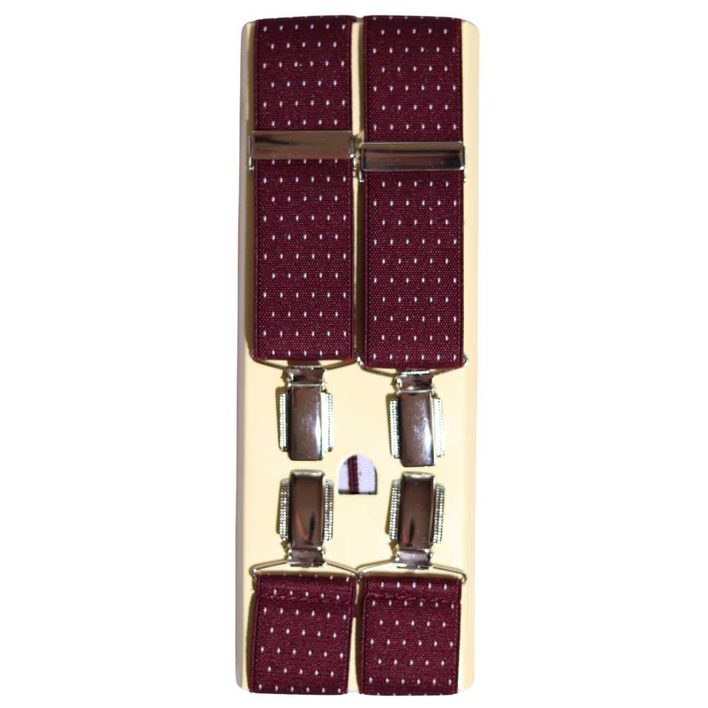 Shop premium 35mm 4-clip suspenders in Burgundy Polka Dot for a timeless, sophisticated look. Designed for comfort & durability, perfect for formal events, weddings, or everyday wear. Adjustable fit for all-day support. Shop in-store or online now!