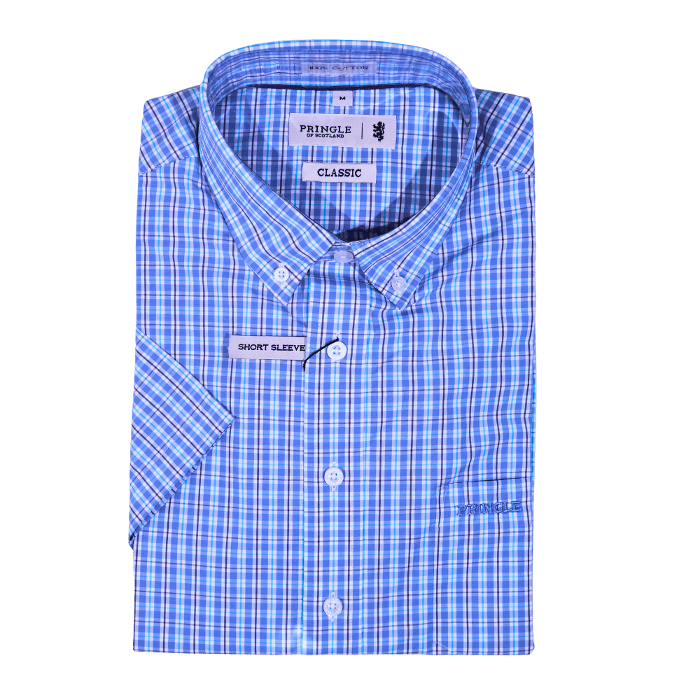 Men's Pringle 100% Cotton Short Sleeve Shirt in Mid Blue (1500) - available in-store, 337 Monty Naicker Street, Durban CBD or online at Omar's Tailors & Outfitters online store. A men's fashion curation for South African men - established in 1911.