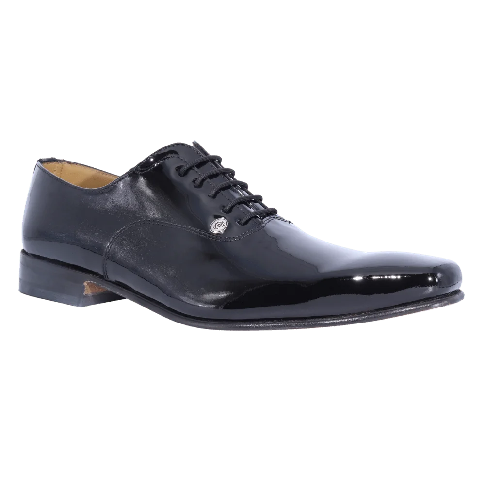 Men's genuine leather upper & sole Crockett & Jones Oxford dress or formal shoe with a patent leather finish available in-store, 337 Monty Naicker Street, Durban CBD or online at Omar's Tailors & Outfitters online store. A men's fashion curation for South African men - established in 1911.