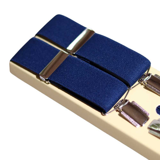 Shop premium 35mm 4-clip suspenders in Navy for a timeless, sophisticated look. Designed for comfort & durability, perfect for formal events, weddings, or everyday wear. Adjustable fit for all-day support. Shop in-store or online now!