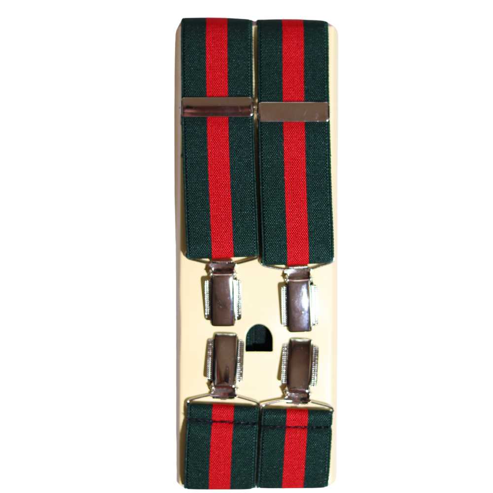 Shop premium 35mm 4-clip suspenders in Green Stripe for a timeless, sophisticated look. Designed for comfort & durability, perfect for formal events, weddings, or everyday wear. Adjustable fit for all-day support. Shop in-store or online now!