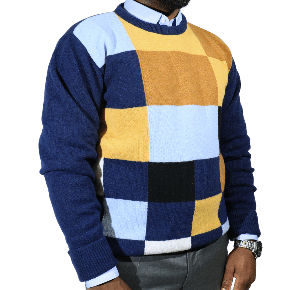 Men's 100% lambswool Loch Lomond crew neck block jersey in blue (5384) available in-store, 337 Monty Naicker Street, Durban CBD or online at Omar's Tailors & Outfitters online store.   A men's fashion curation for South African men - established in 1911.
