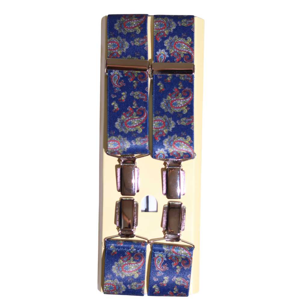 Shop premium 35mm 4-clip suspenders in Paisley Navy for a timeless, sophisticated look. Designed for comfort & durability, perfect for formal events, weddings, or everyday wear. Adjustable fit for all-day support. Shop in-store or online now!