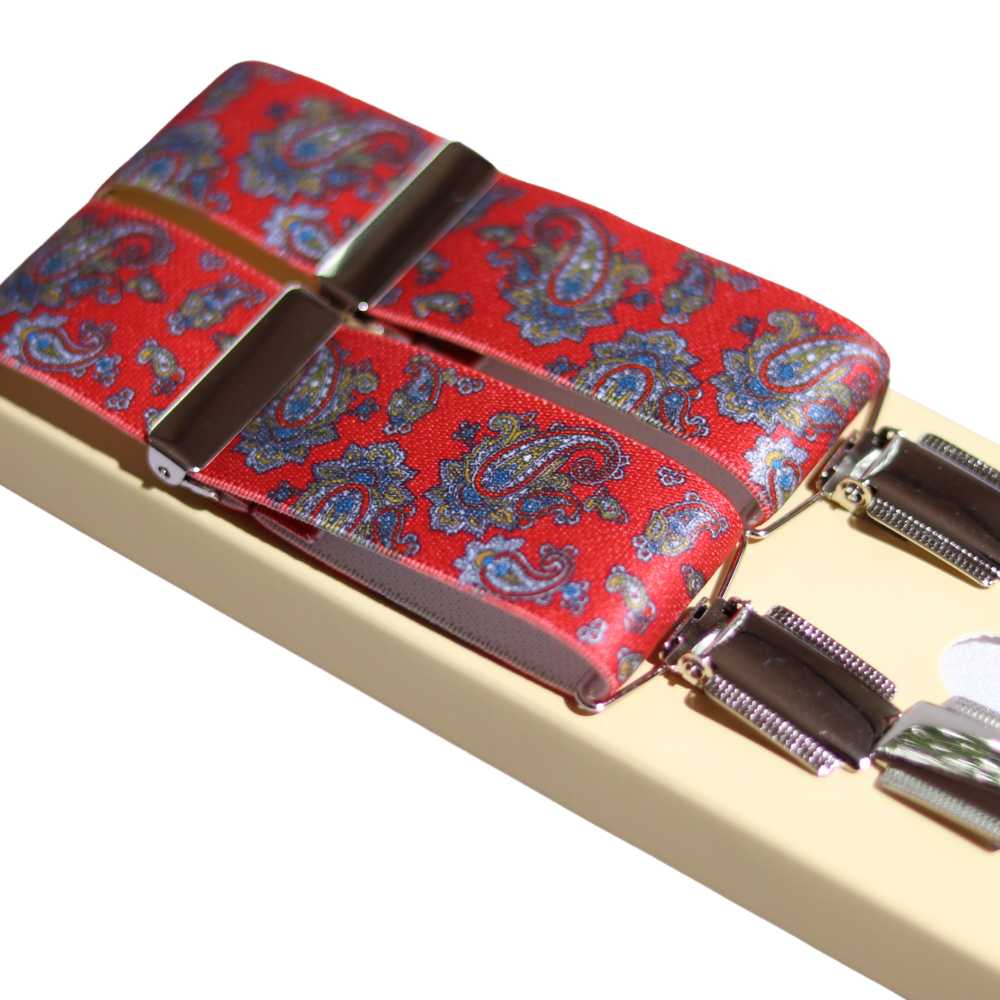 Shop premium 35mm 4-clip suspenders in Paisley Red for a timeless, sophisticated look. Designed for comfort & durability, perfect for formal events, weddings, or everyday wear. Adjustable fit for all-day support. Shop in-store or online now!