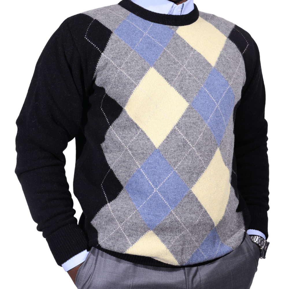 Men's 100% lambswool Loch Lomond crew neck block jersey in black (5168) available in-store, 337 Monty Naicker Street, Durban CBD or online at Omar's Tailors & Outfitters online store. A men's fashion curation for South African men - established in 1911.