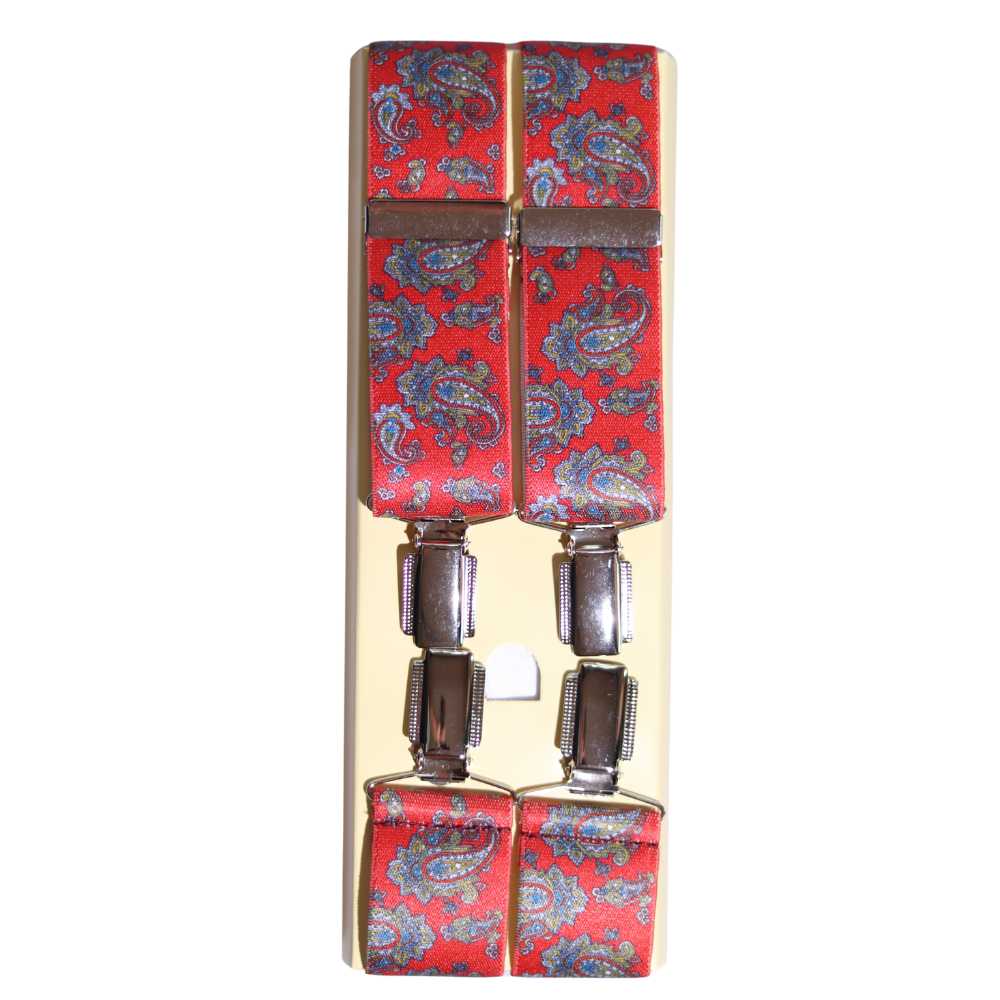Shop premium 35mm 4-clip suspenders in Paisley Red for a timeless, sophisticated look. Designed for comfort & durability, perfect for formal events, weddings, or everyday wear. Adjustable fit for all-day support. Shop in-store or online now!
