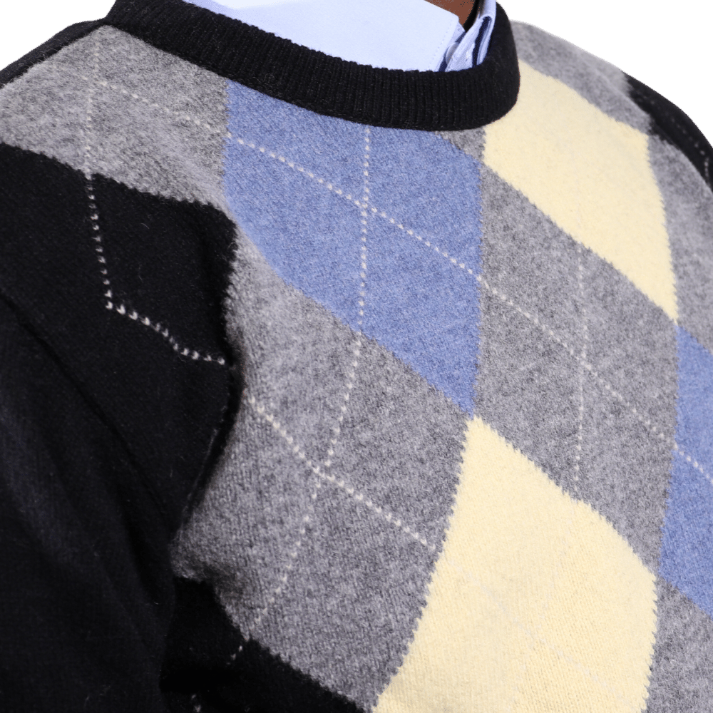 Men's 100% lambswool Loch Lomond crew neck block jersey in black (5168) available in-store, 337 Monty Naicker Street, Durban CBD or online at Omar's Tailors & Outfitters online store. A men's fashion curation for South African men - established in 1911.