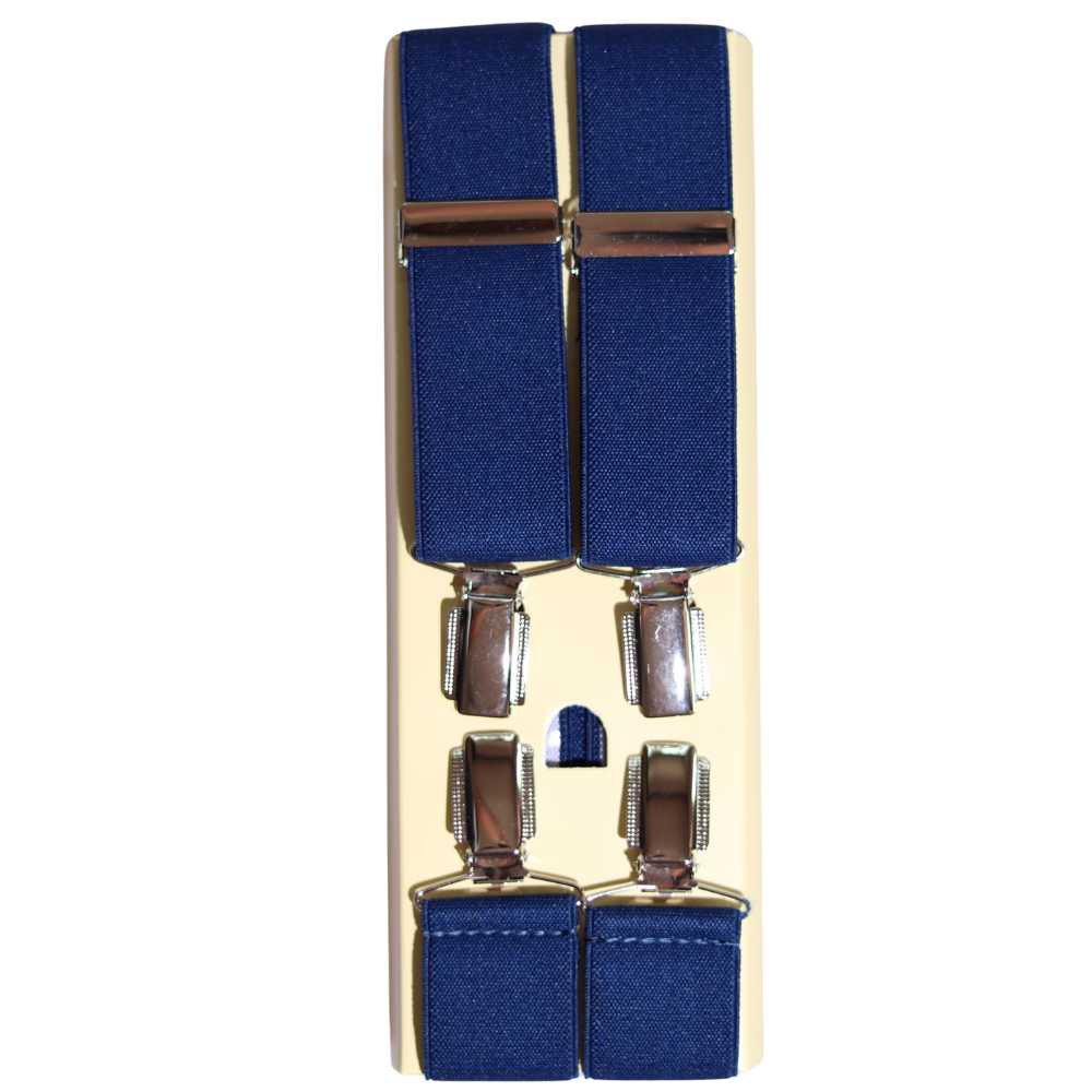Shop premium 35mm 4-clip suspenders in Navy for a timeless, sophisticated look. Designed for comfort & durability, perfect for formal events, weddings, or everyday wear. Adjustable fit for all-day support. Shop in-store or online now!