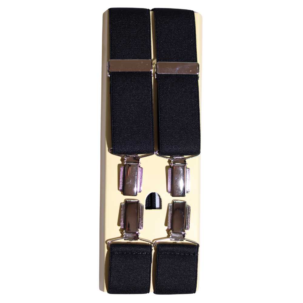 Shop premium 35mm 4-clip suspenders in Black for a timeless, sophisticated look. Designed for comfort & durability, perfect for formal events, weddings, or everyday wear. Adjustable fit for all-day support. Shop in-store or online now!