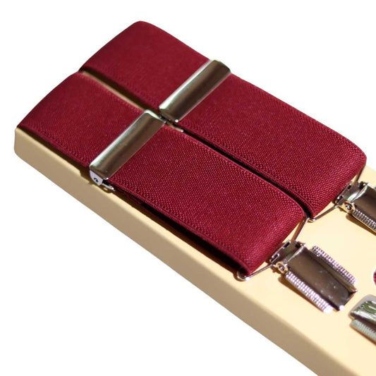 Shop premium 35mm 4-clip suspenders in Burgundy for a timeless, sophisticated look. Designed for comfort & durability, perfect for formal events, weddings, or everyday wear. Adjustable fit for all-day support. Shop in-store or online now!