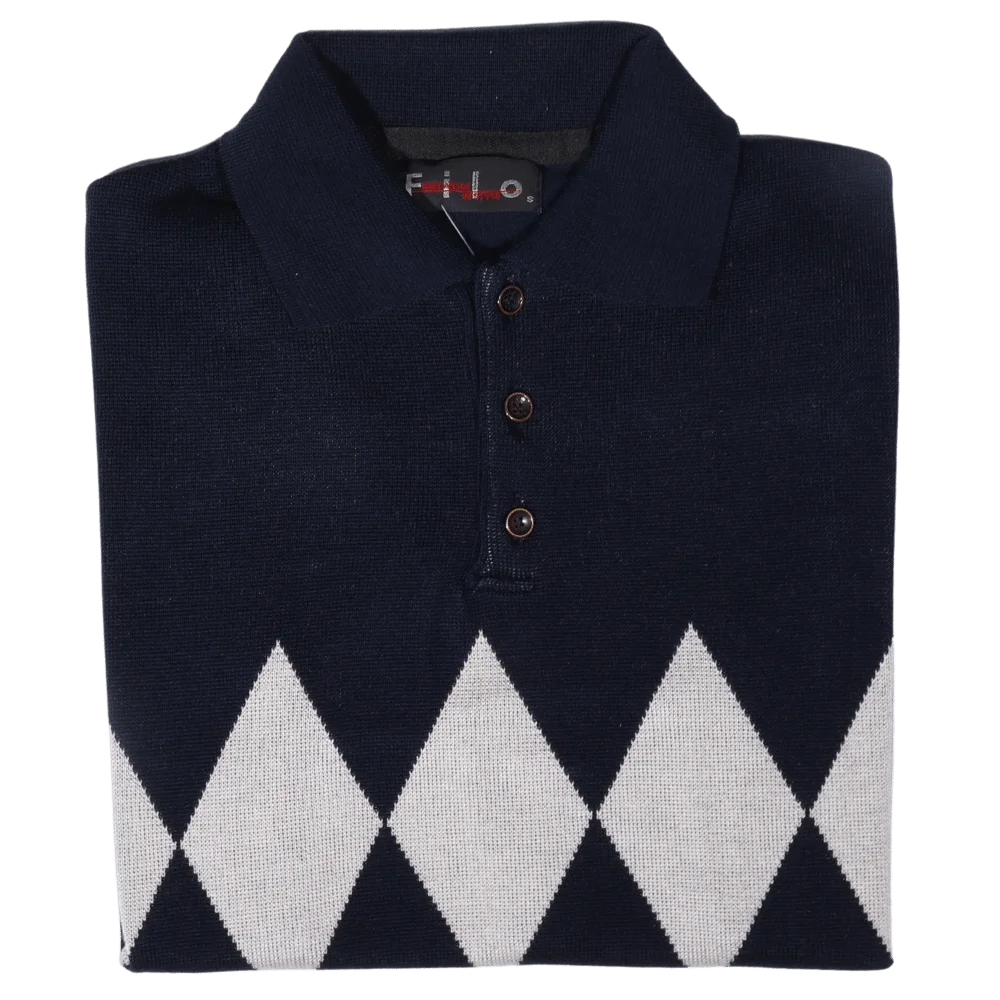 Men's Long Sleeve Filo Golfer Argyle Diamond Jersey in Navy available in-store, 337 Monty Naicker Street, Durban CBD or online at Omar's Tailors & Outfitters online store. A men's fashion curation for South African men - established in 1911.