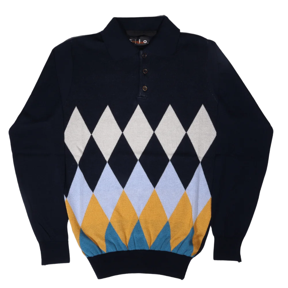 Men's Long Sleeve Filo Golfer Argyle Diamond Jersey in Navy available in-store, 337 Monty Naicker Street, Durban CBD or online at Omar's Tailors & Outfitters online store. A men's fashion curation for South African men - established in 1911.