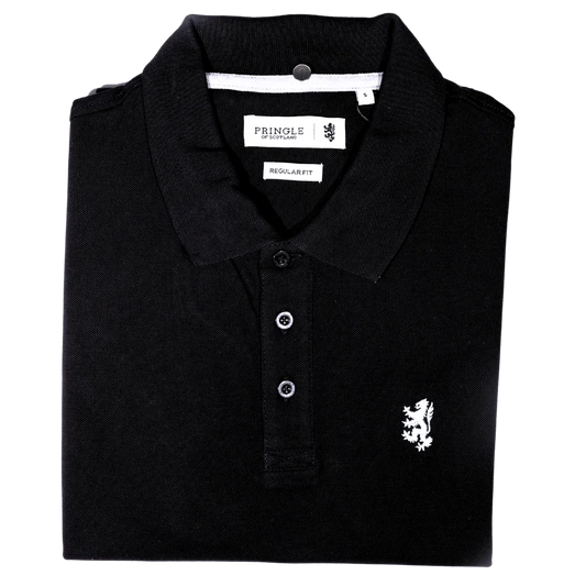 Men's Pringle Regular Fit Cotton Short Sleeve Golf Shirt in Black (1057) - available in-store, 337 Monty Naicker Street, Durban CBD or online at Omar's Tailors & Outfitters online store.   A men's fashion curation for South African men - established in 1911.