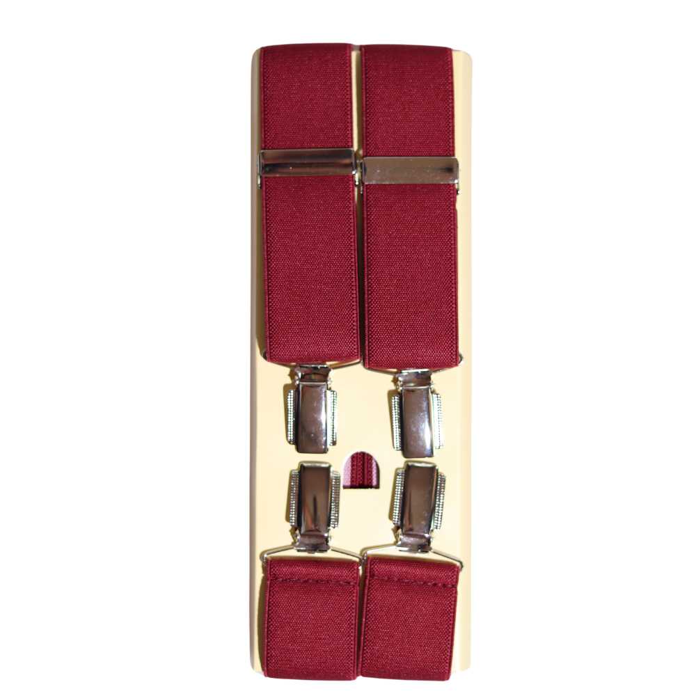Shop premium 35mm 4-clip suspenders in Burgundy for a timeless, sophisticated look. Designed for comfort & durability, perfect for formal events, weddings, or everyday wear. Adjustable fit for all-day support. Shop in-store or online now!