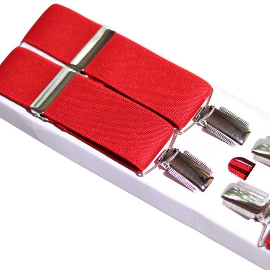 Shop premium 35mm 4-clip suspenders in Red for a timeless, sophisticated look. Designed for comfort & durability, perfect for formal events, weddings, or everyday wear. Adjustable fit for all-day support. Shop in-store or online now!
