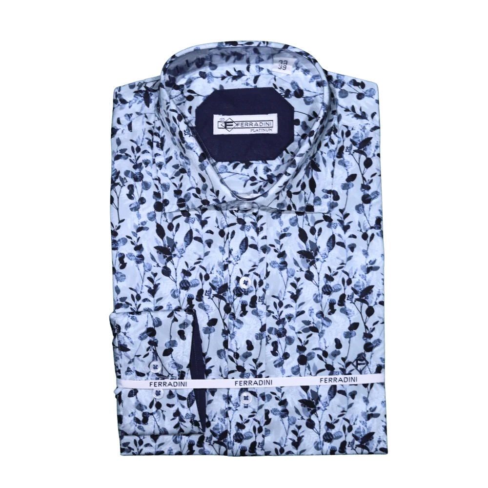 Shop the Men's Ferradini Long Sleeve Floral Collared Shirt, designed for premium style and comfort. Perfect for all occasions, available in-store at 337 Monty Naicker Street, Durban Central, or online at www.omarstailors.com.