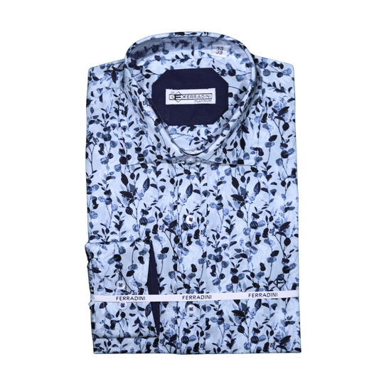 Shop the Men's Ferradini Long Sleeve Floral Collared Shirt, designed for premium style and comfort. Perfect for all occasions, available in-store at 337 Monty Naicker Street, Durban Central, or online at www.omarstailors.com.