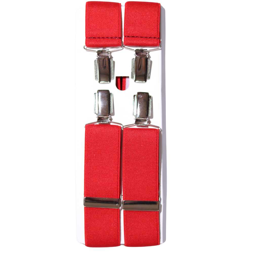 Shop premium 35mm 4-clip suspenders in Red for a timeless, sophisticated look. Designed for comfort & durability, perfect for formal events, weddings, or everyday wear. Adjustable fit for all-day support. Shop in-store or online now!