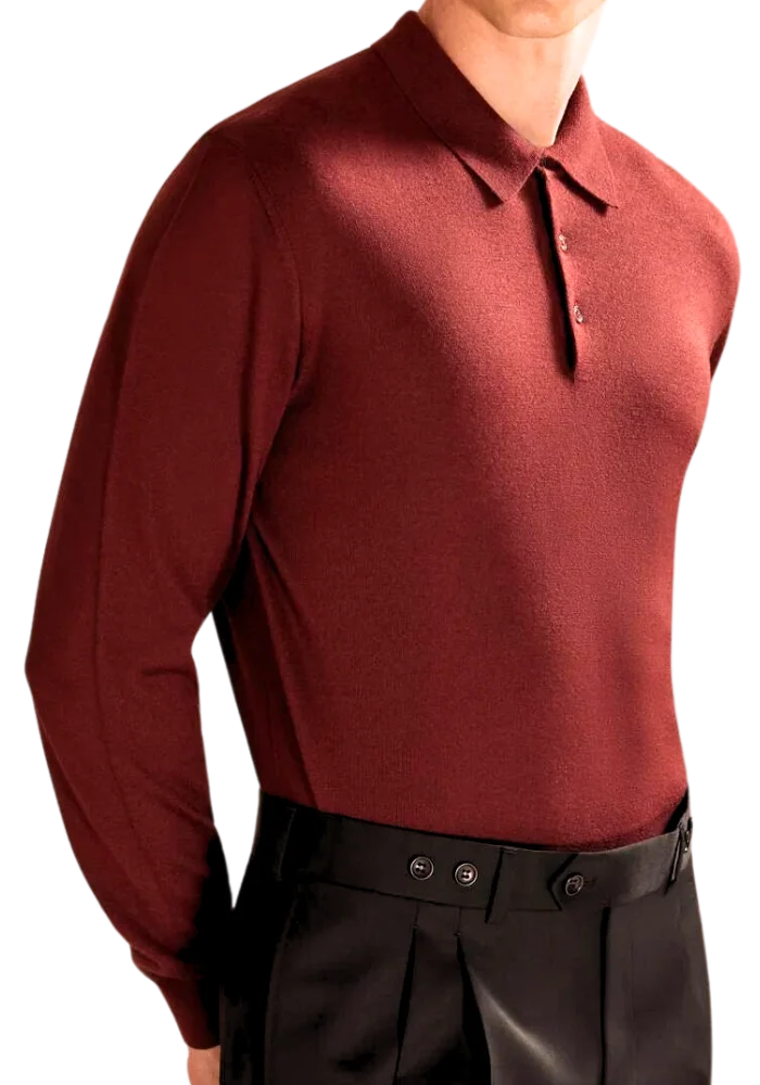 Men's Bagozza merino wool blend long-sleeve golf shirt with ribbing in maroon (8370) - available in-store, 337 Monty Naicker Street, Durban CBD or online at Omar's Tailors & Outfitters online store. A men's fashion curation for South African men - established in 1911.