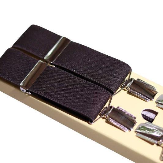 Shop premium 35mm 4-clip suspenders in Brown for a timeless, sophisticated look. Designed for comfort & durability, perfect for formal events, weddings, or everyday wear. Adjustable fit for all-day support. Shop in-store or online now!
