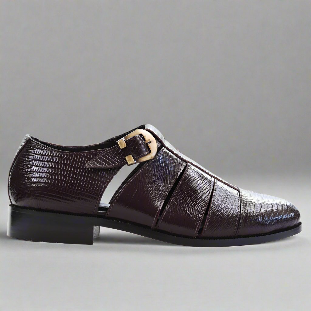 Discover the Ferradini Brown Formal Sandal featuring a lizard-embossed texture and adjustable buckle strap. Perfect for elegant and versatile wear. Shop now in-store at 337 Monty Naicker Street, Durban Central, or online at www.omarstailors.com.