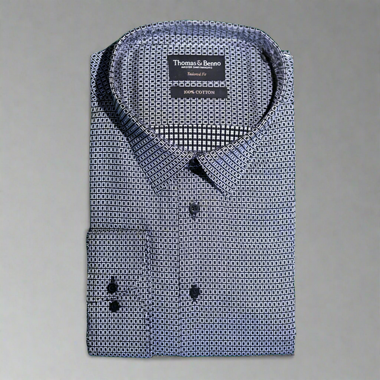 Men's 100% Cotton Thomas & Benno Long Sleeve Formal Shirt with Collar in Black (7947) is available in-store at 337 Monty Naicker Street, Durban CBD, or online at Omar's Tailors & Outfitters online store.