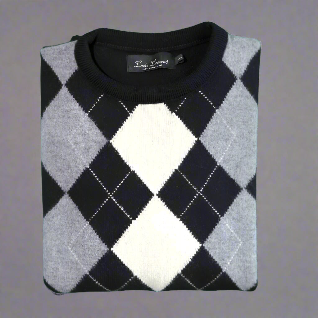 Men's Loch Lomond 100% Lambswool Diamond Crew Neck Jersey in Black (5862) available in-store, 337 Monty Naicker Street, Durban CBD or online at Omar's Tailors & Outfitters online store. 
A men's fashion curation for South African men - established in 1911.