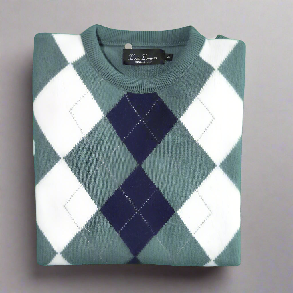 Men's Loch Lomond 100% Lambswool Diamond Crew Neck Jersey in Green (5862) available in-store, 337 Monty Naicker Street, Durban CBD or online at Omar's Tailors & Outfitters online store. 
A men's fashion curation for South African men - established in 1911.