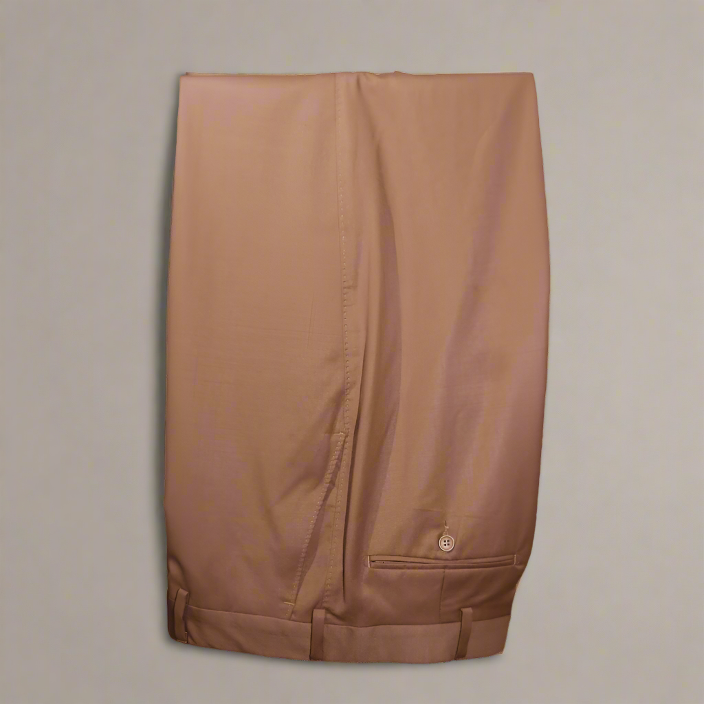Men's Mino Merino Superfine Fabric Flat-Front Formal Trousers in Camel, available at Omars Tailors & Outfitters, 337 Monty Naicker Street, Durban, or shop online at www.omarstailors.com.