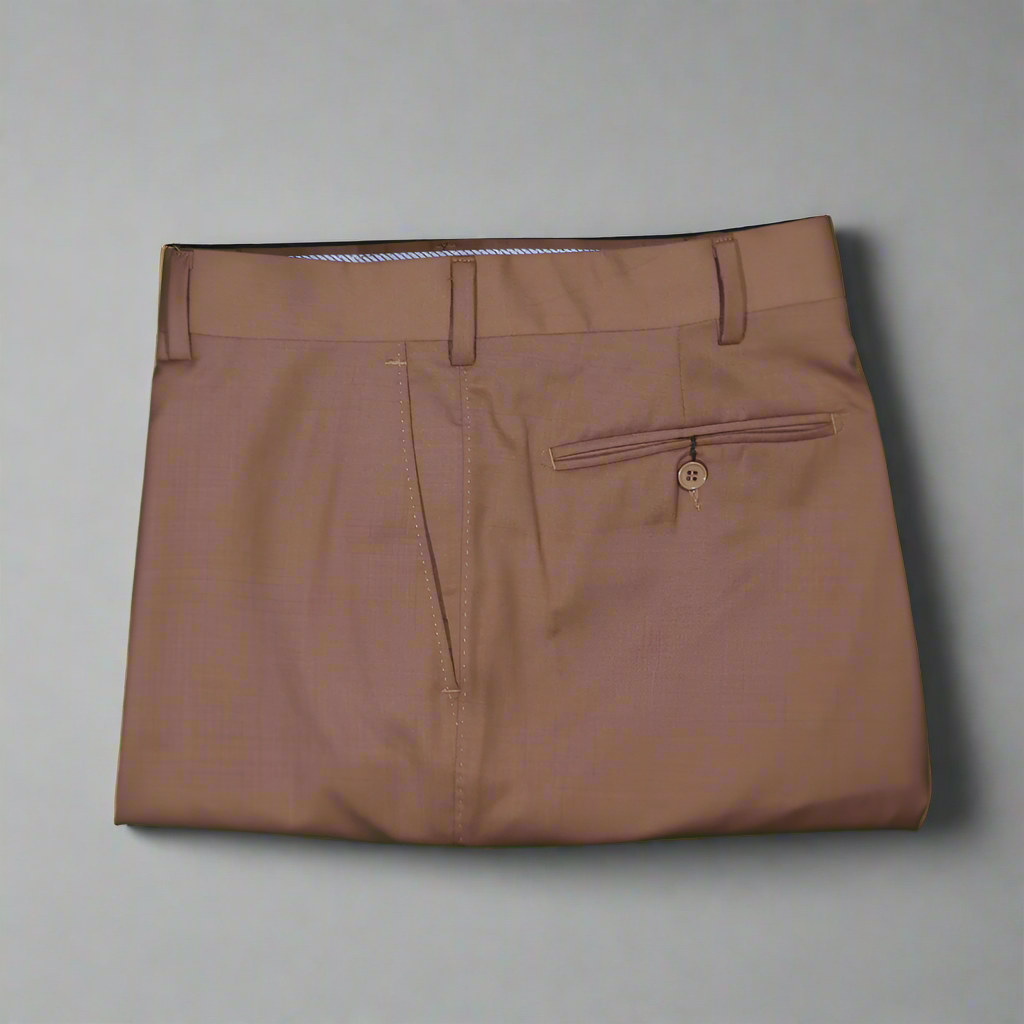 Men's Mino Merino Superfine Fabric Flat-Front Formal Trousers in Camel, available at Omars Tailors & Outfitters, 337 Monty Naicker Street, Durban, or shop online at www.omarstailors.com.