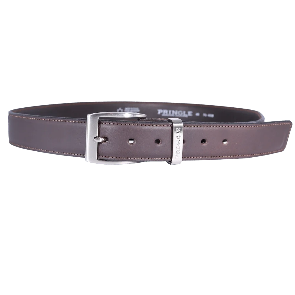 Men's Pringle Oriano Leather Belt in Dark Brown made from genuine leather is the perfect, premium quality essential for any golfer boasting a large silver buckle and visible Pringle branding available in-store at 337 Monty Naicker Street, Durban or online at www.omarstailors.com