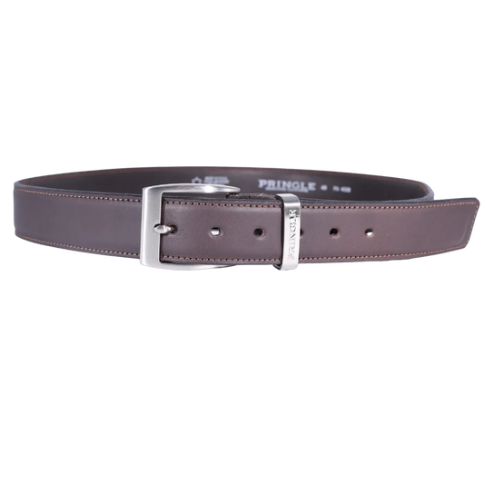 Men's Pringle Oriano Leather Belt in Dark Brown made from genuine leather is the perfect, premium quality essential for any golfer boasting a large silver buckle and visible Pringle branding available in-store at 337 Monty Naicker Street, Durban or online at www.omarstailors.com