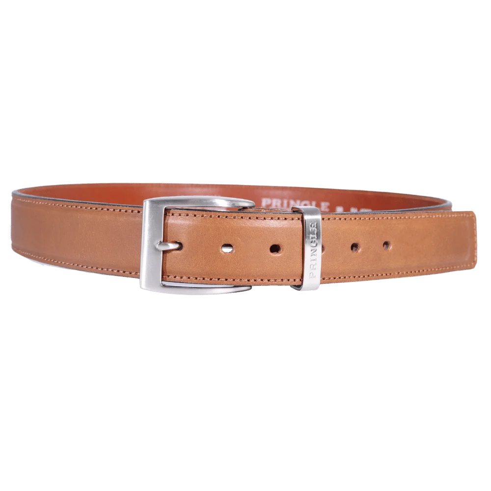 Men's Pringle Oriano Leather Belt in Tan made from genuine leather is the perfect, premium quality essential for any golfer boasting a large silver buckle and visible Pringle branding available in-store at 337 Monty Naicker Street, Durban or online at www.omarstailors.com