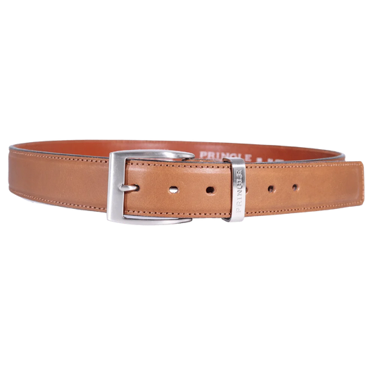 Men's Pringle Oriano Leather Belt in Tan made from genuine leather is the perfect, premium quality essential for any golfer boasting a large silver buckle and visible Pringle branding available in-store at 337 Monty Naicker Street, Durban or online at www.omarstailors.com