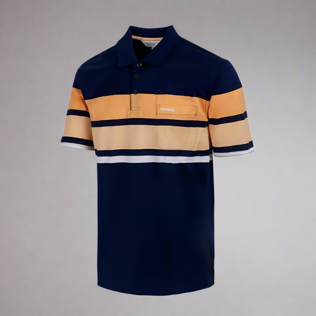Shop the Pringle Roland Mercerised Striped Golfer, crafted from premium cotton with a stylish stripe design and embroidered pocket. Perfect for smart-casual occasions. Available in-store at 337 Monty Naicker Street, Durban Central, or at www.omarstailors.com.