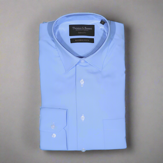 Men's Bamboo Rich Thomas Benno Long Sleeve Formal Shirt in Light Blue (2997) available in-store, 337 Monty Naicker Street, Durban CBD or online at Omar's Tailors & Outfitters online store.