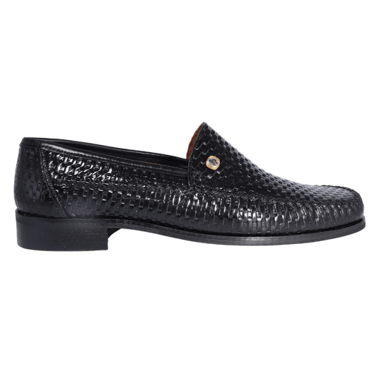 Men's genuine leather John Drake moccasin/ loafer in black with a weave finish available in store, 337 Monty Naicker Street, Durban or online at Omar's Tailors & Outfitters online store.  A men's fashion curation for South African men - established in 1911.