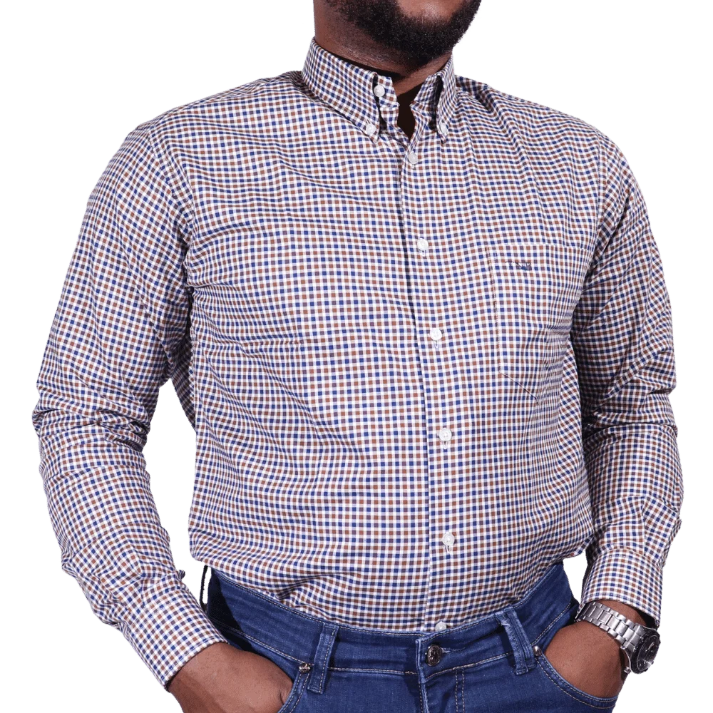 Men's 100% Cotton Thomas & Benno Checkered Long Sleeve Formal Shirt with Collar (121213) available in-store, 337 Monty Naicker Street, Durban CBD or online at Omar's Tailors & Outfitters online store.   A men's fashion curation for South African men - established in 1911.