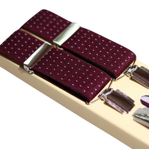 Shop premium 35mm 4-clip suspenders in Burgundy Polka Dot for a timeless, sophisticated look. Designed for comfort & durability, perfect for formal events, weddings, or everyday wear. Adjustable fit for all-day support. Shop in-store or online now!