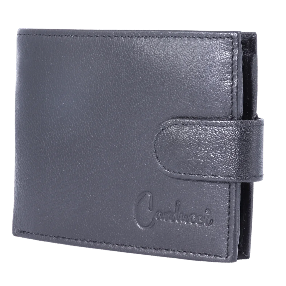 Men's Genuine Leather Carducci wallet in black with flip-style cardholder available in-store, 337 Monty Naicker Street, Durban CBD or online at Omar's Tailors & Outfitters online store.   A men's fashion curation for South African men - established in 1911.