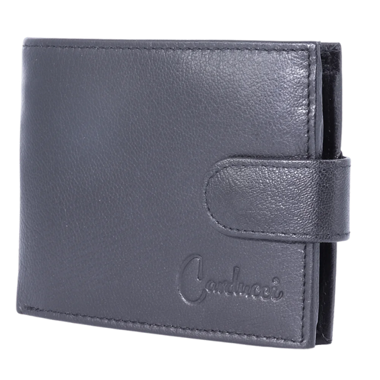 Men's Genuine Leather Carducci wallet in black with flip-style cardholder available in-store, 337 Monty Naicker Street, Durban CBD or online at Omar's Tailors & Outfitters online store.   A men's fashion curation for South African men - established in 1911.
