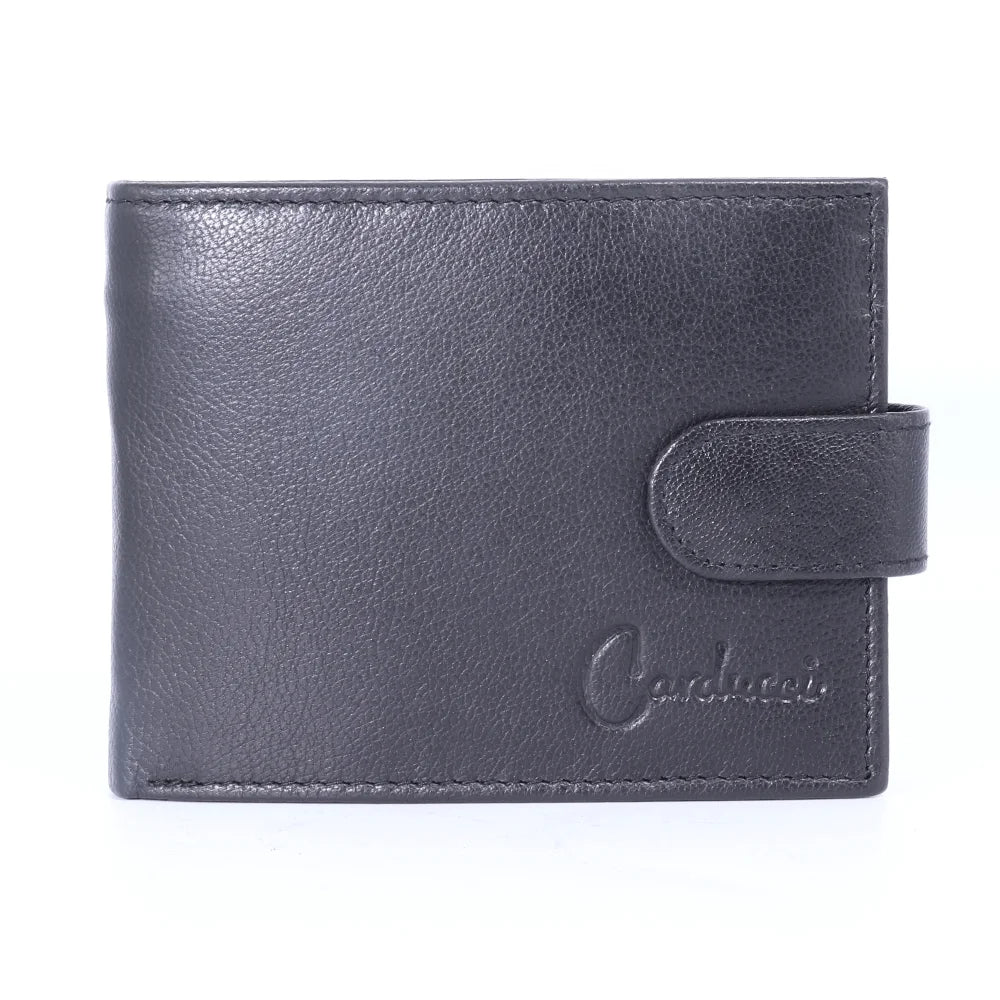 Men's Genuine Leather Carducci wallet in black with flip-style cardholder available in-store, 337 Monty Naicker Street, Durban CBD or online at Omar's Tailors & Outfitters online store.   A men's fashion curation for South African men - established in 1911.