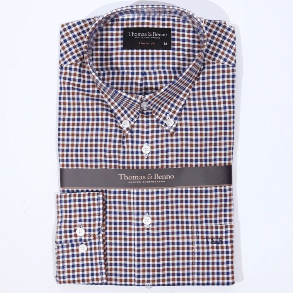 Men's 100% Cotton Thomas & Benno Checkered Long Sleeve Formal Shirt with Collar (121213) available in-store, 337 Monty Naicker Street, Durban CBD or online at Omar's Tailors & Outfitters online store.   A men's fashion curation for South African men - established in 1911.
