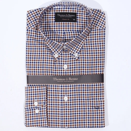 Men's 100% Cotton Thomas & Benno Checkered Long Sleeve Formal Shirt with Collar (121213) available in-store, 337 Monty Naicker Street, Durban CBD or online at Omar's Tailors & Outfitters online store.   A men's fashion curation for South African men - established in 1911.