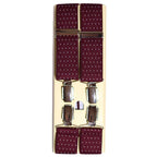 Shop premium 35mm 4-clip suspenders in Burgundy Polka Dot for a timeless, sophisticated look. Designed for comfort & durability, perfect for formal events, weddings, or everyday wear. Adjustable fit for all-day support. Shop in-store or online now!